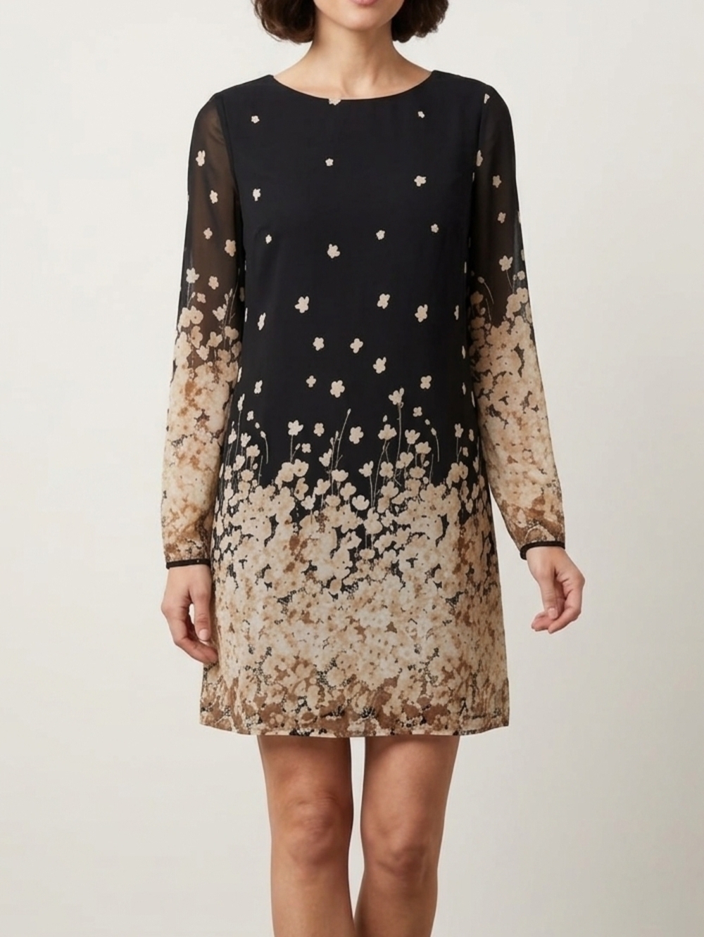 Classy Black & Cream Floral Ombre Long-Sleeve Chiffon Shift Dress Women Small